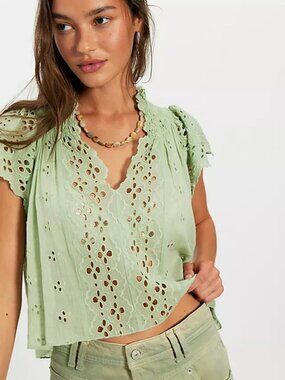 Free People FP One Sigrid Blouse Top Mystic Spring Eyelet Lace XL